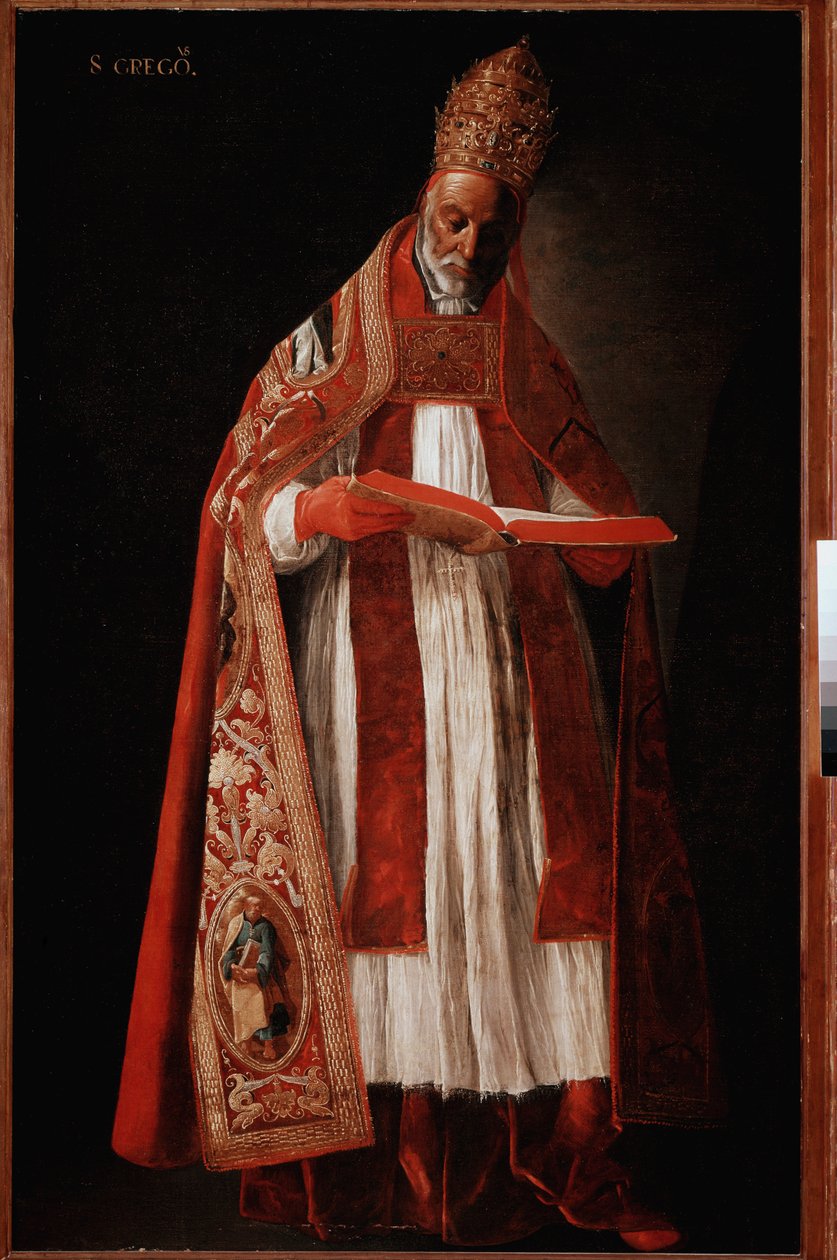 Paavi Gregoire I Suuri eli vuoropuhelu (öljy kankaalle tekijältä Francisco de Zurbaran