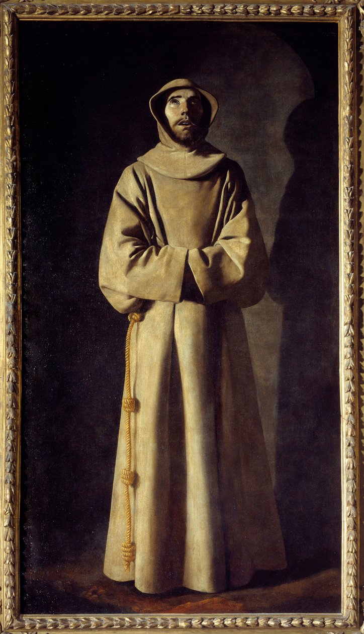 Pyhän Francois Assisilaisen muotokuva: Pyhää esitetään ekstaasissa, hänellä on päällään sukka, jonka vyönä on solmuinen köysi. Francisco de Zurbaranin maalaus (1598-1664) tekijältä Francisco de Zurbaran
