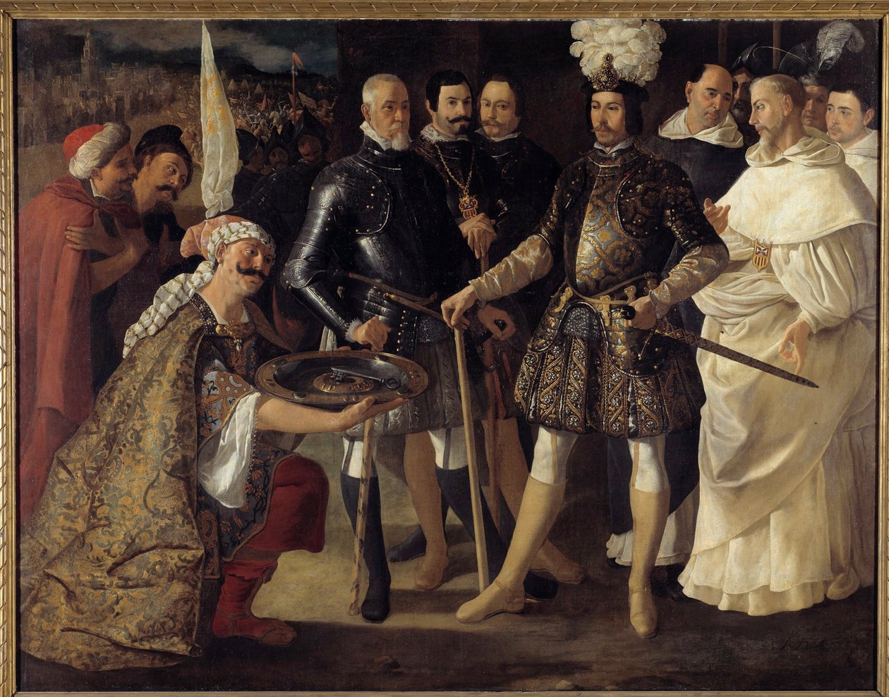 Reconquista: "" Sevillan antautuminen Ferdinand III:lle Kastilian ja Leonin kuninkaalle"" maurit luovuttivat kaupungin avaimet Kastilian kuninkaalle 22.12.1248. Francisco de Zurbaranin (1598-1664) maalaus 1634.su. 157,5x208,2 cm Yksityinen keräys tekijältä Francisco de Zurbaran