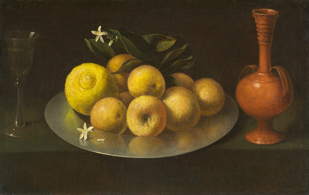 Asetelma lasilla, hedelmillä ja purkilla, n. 1650 tekijältä Francisco de Zurbaran