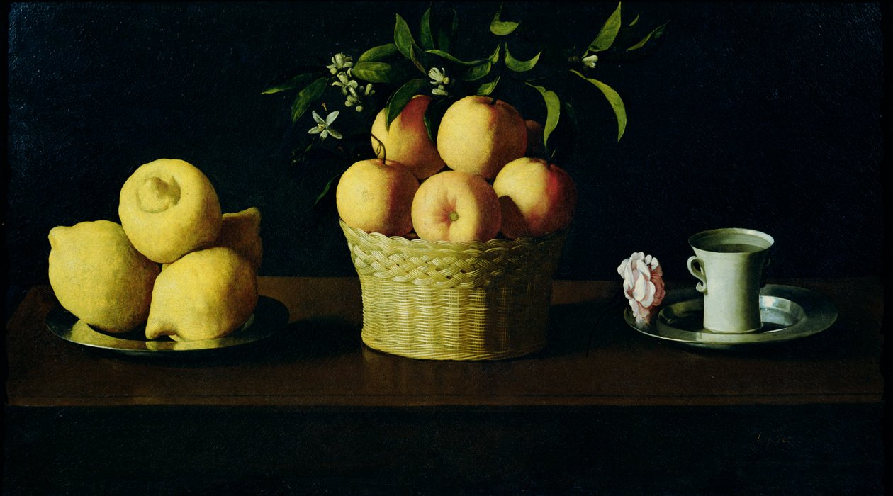 Asetelma sitruunoiden, appelsiinien ja ruusun kanssa tekijältä Francisco de Zurbaran