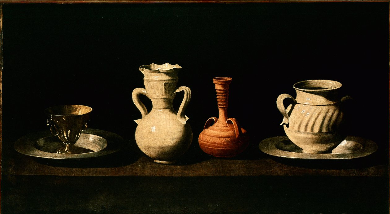 Asetelma Kannut, kattilat. Francisco de Zurbaranin (1598-1664) maalaus 1633 su. 46x84 cm Madrid, Prado-museo tekijältä Francisco de Zurbaran