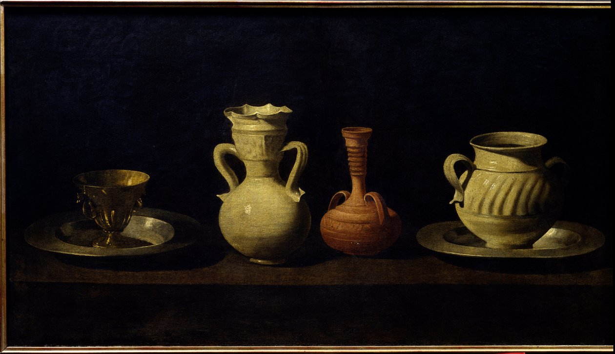 Asetelma, kupit ja maljakot. Francisco de Zurbaranin maalaus (1598 - 1664) tekijältä Francisco de Zurbaran