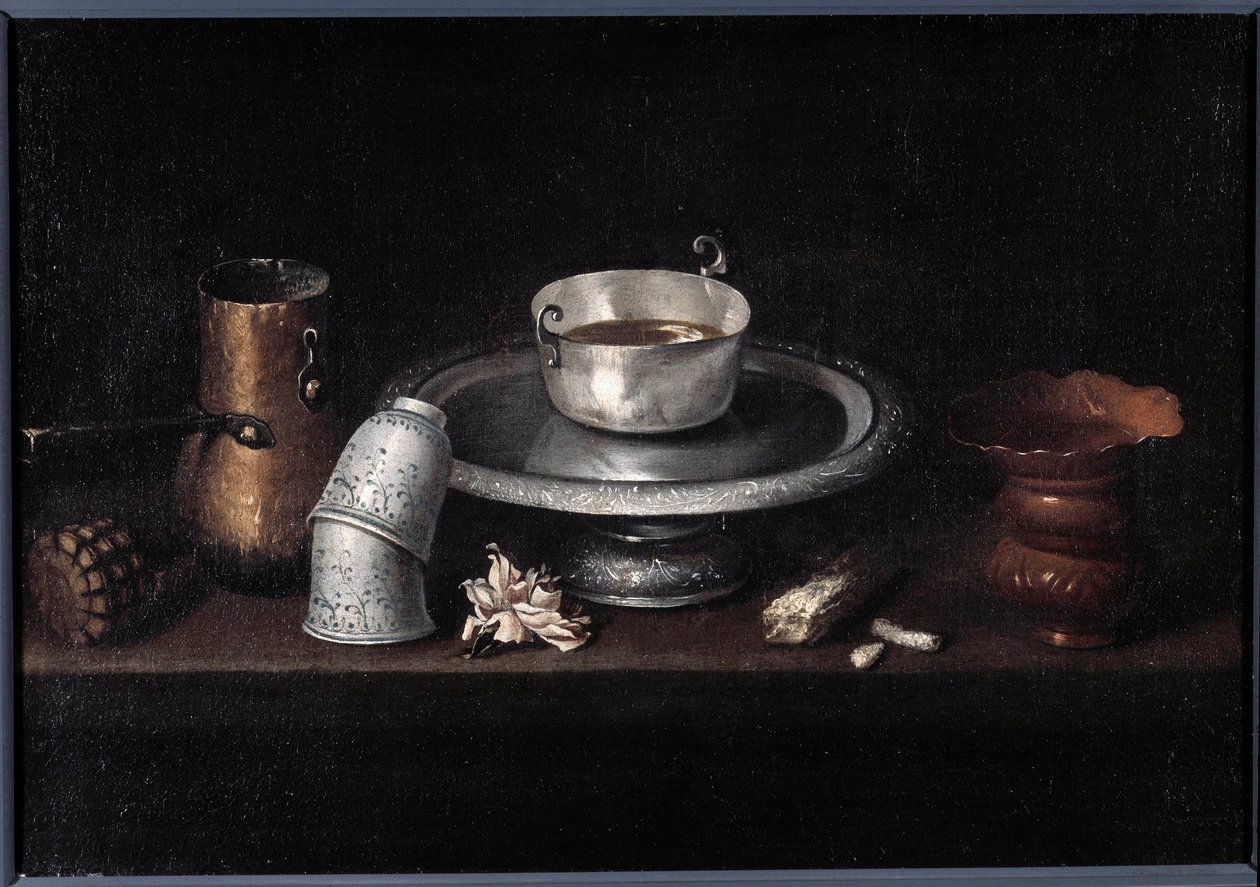 Asetelma suklaa-aamiainen suklaakuppia, kuppeja. Francisco de Zurbaranin (1598-1664) maalaus. 1600-luvun Besancon, Kuvataidemuseo tekijältä Francisco de Zurbaran