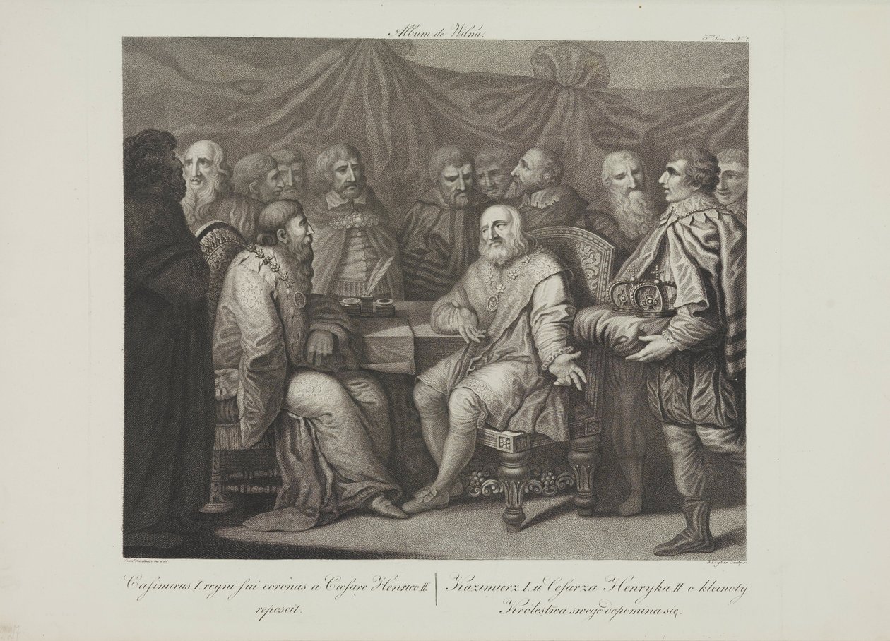 Smuglewicz, Franciszek (1745-1807) Casimir I, Restaurator tapaamassa keisari Henrik III:n. Litografia, 1700-luvun loppu. Yksityinen kokoelma tekijältä Franciszek Smuglewicz