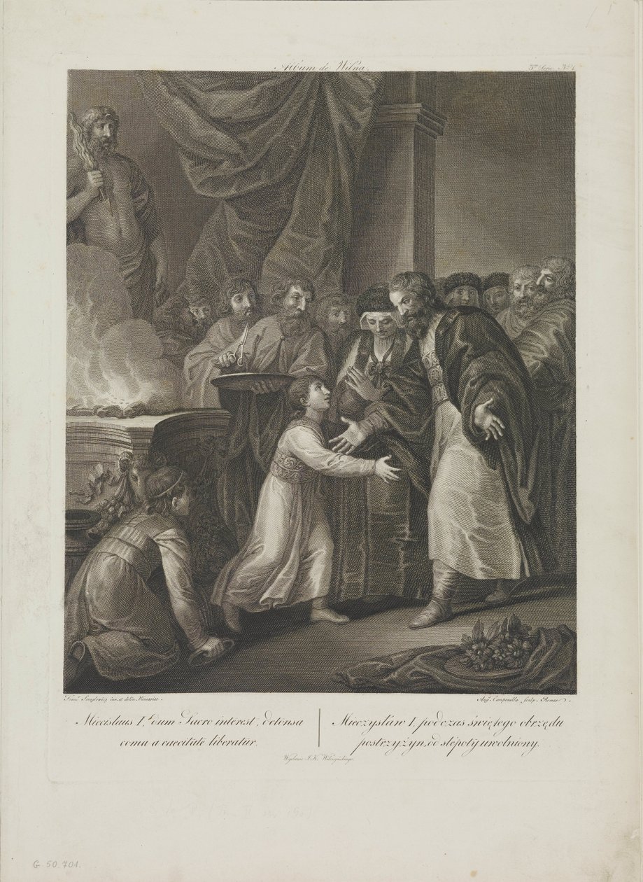 Puolan Mieszko I vastaanottaa Smuglewiczin, Franciszekin (1745-1807) tonsuurin. Litografia, 1700-luvun loppu. Yksityinen kokoelma tekijältä Franciszek Smuglewicz