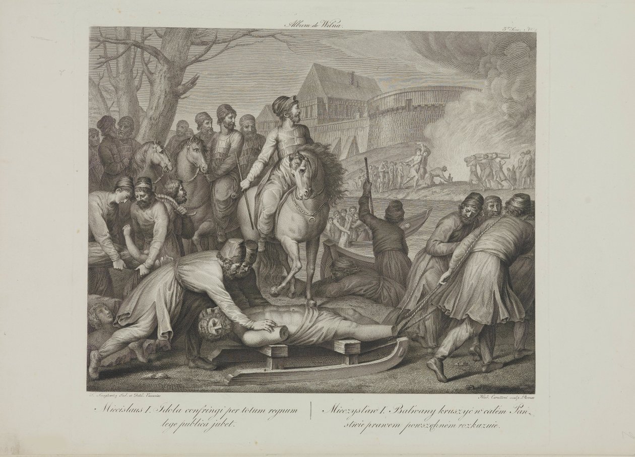 Puolan Mieszko I:n pakanajumalien tuhoaminen Smuglewiczin, Franciszekin (1745-1807) toimesta. Litografia, 1700-luvun loppu. Yksityinen kokoelma tekijältä Franciszek Smuglewicz