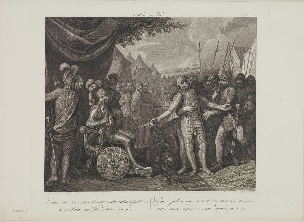 Smuglewicz, Franciszek (1745-1807) Wichmann II nuorempi antautuu Puolan Mieszko I:lle. Litografia, 1700-luvun loppu. Yksityinen kokoelma tekijältä Franciszek Smuglewicz