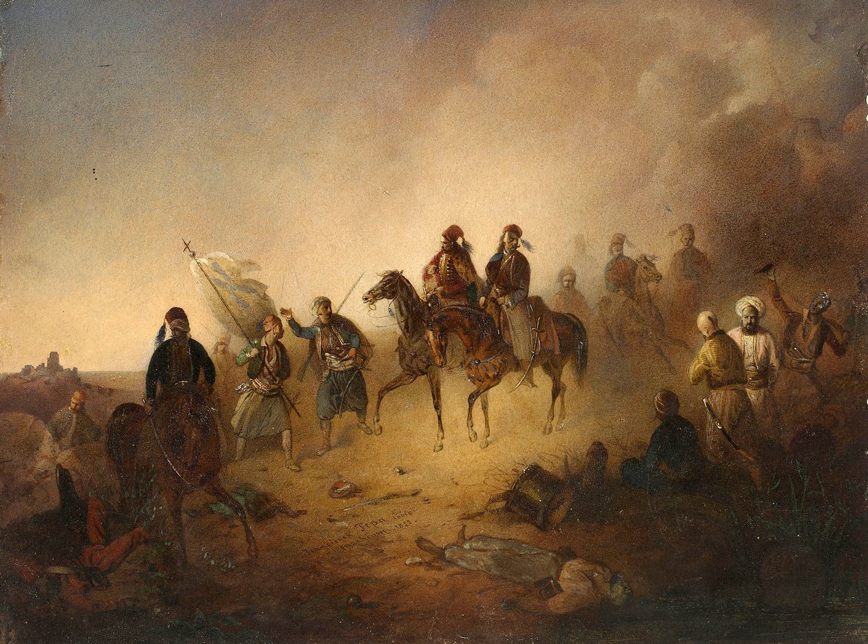 Markos Botzaris (Botsaris) (vers 1788-1823) Karpenisin taistelussa, yöllä 8. elokuuta tekijältä Franciszek Tomasz Tepa
