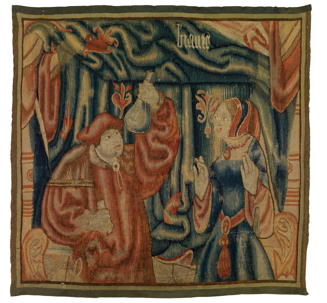 Kuvakudosfragmentti, joka kuvaa sisätilaa lääkärin ja naisen kanssa, Beaute, ranskalainen tai flaamilainen, valmistettu 1500-luvun alussa (villa) tekijältä Franco Flemish School