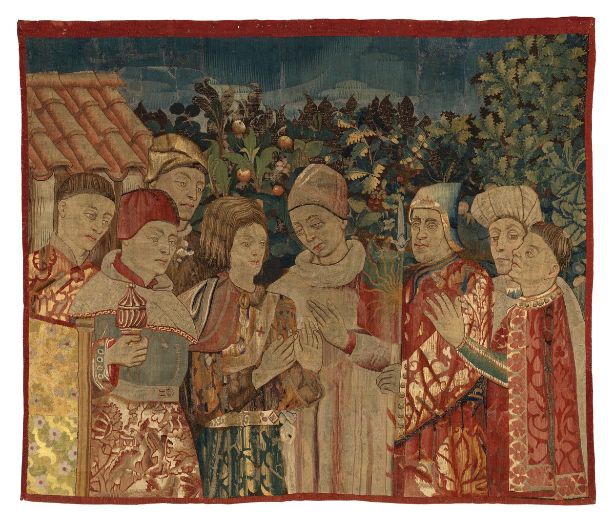 Tuntematon kuvakudosfragmentti, jossa on kahdeksan hahmoa, Kiista mahdollisesti, 1400-luvun 2. puolisko (villa) tekijältä Franco Flemish School