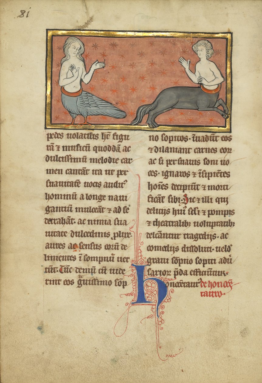 Sireeni ja kentauri bestiaarista Ms Ludwig XV 4, fol. 81v, n. 1280-1300 (tempera, kynä ja muste, lehtikulta ja maali pergamentille) tekijältä Franco Flemish School