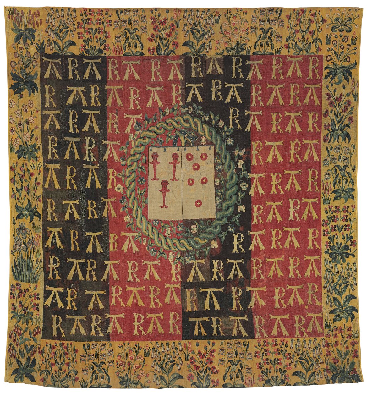 Armorial mille-fleurs kuvakudos, joka kuvaa Robert Chabotin ja Antoinette d"Illiersin käsivarsia, n. 1503 tekijältä Franco Flemish School
