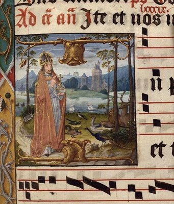 MS.41.f.84r Jumala lintujen ja eläinten ympäröimänä, Septuagesiman antifoni (3. sunnuntai ennen paastoa), n. 1490-1500 (vellum) tekijältä Franco Flemish School