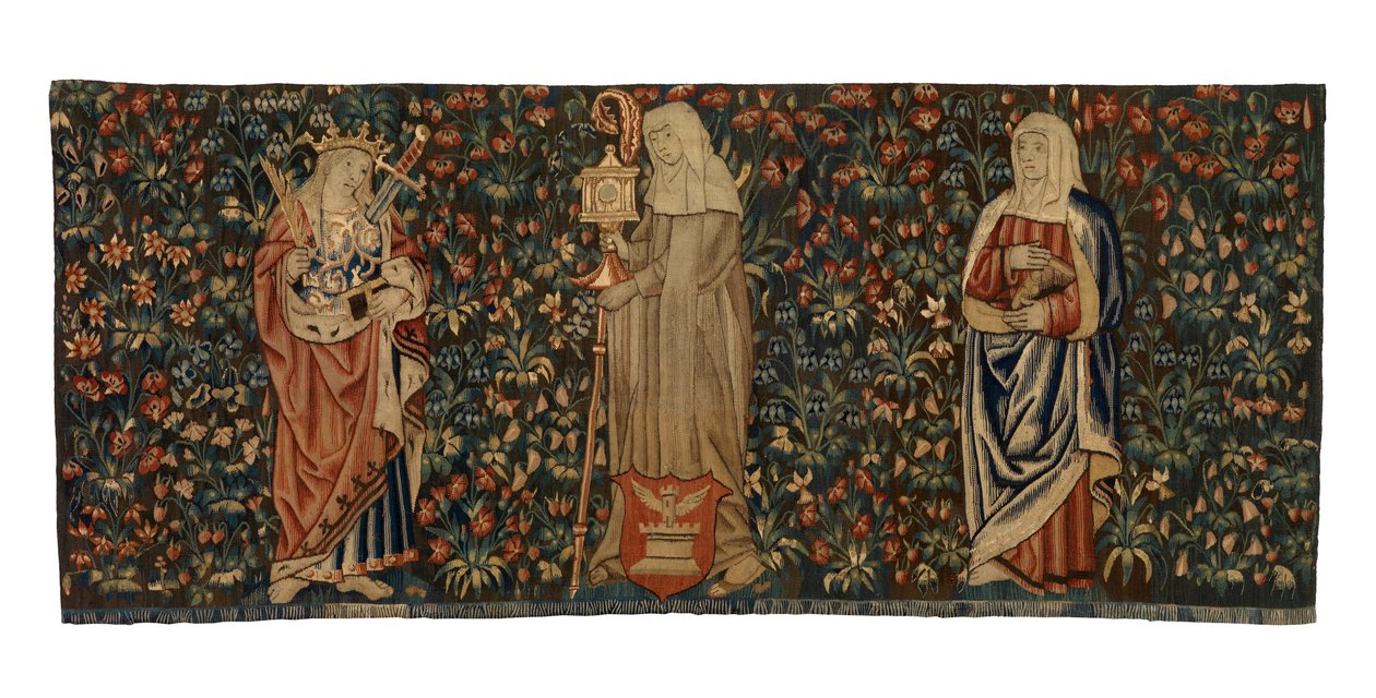 Mille fleurs -kuvakudos, alttarin etuosa, kolme pyhää, Pyhää Annaa, Pyhää Claraa ja Euphemiaa, valmistettu n. 1500, ranskalainen tai flaamilainen (villa) tekijältä Franco Flemish School