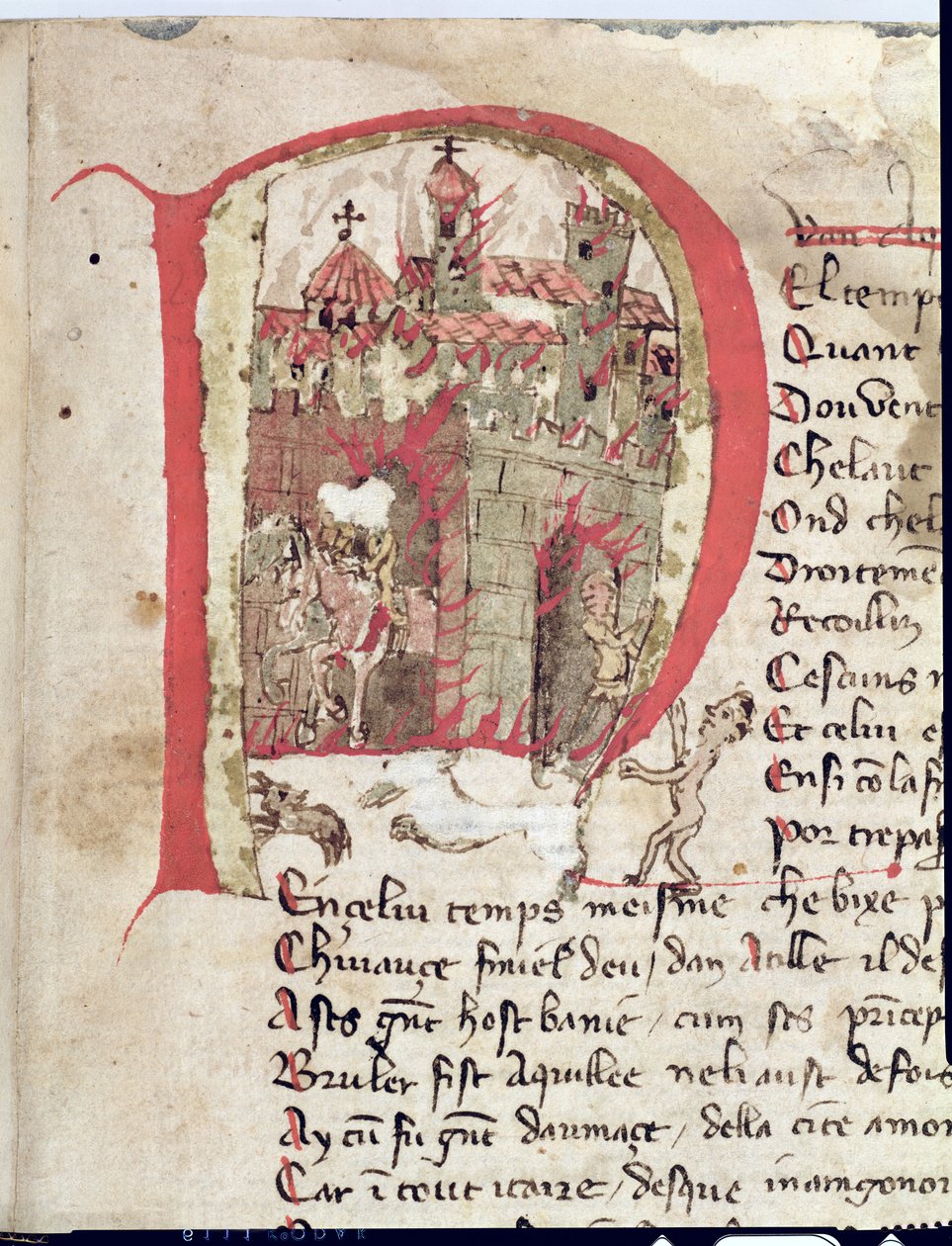 Ms Est 27 L 8.17 f.1r Historioitu alkukirjain, jossa Attila Hun (n. 406-453) polttaa Aquilan kaupunkia Attilan sodasta, Nicola da Casola tekijältä Franco Italian School