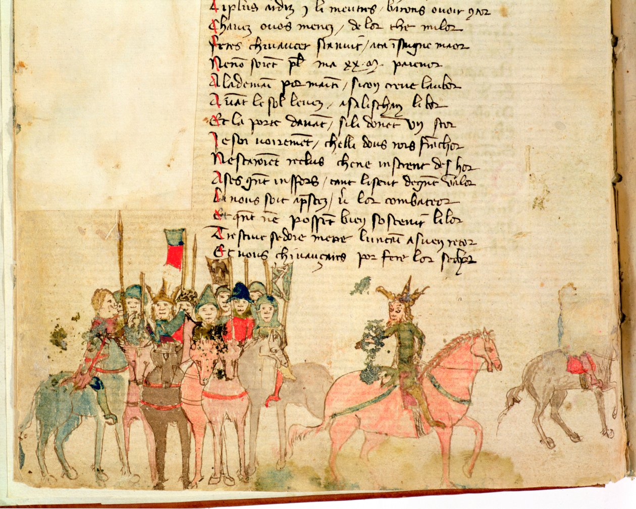 Ms Est 27 W 8.17 f.1v Attila Hun (n.406-453) ja hänen armeijansa ratsain, Nicola da Casolan elokuvasta Attilan sota tekijältä Franco Italian School