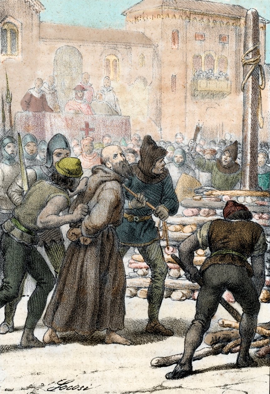 Italialaisen uskonnonuudistajan Arnaldo da Brescian (Arnaud de Brescia) (1100-1155) teloitus 18. kesäkuuta 1155 (Brescian kaanonin kanonin Arnoldin (Arnaldus) polttaminen kesäkuussa 1155) Franco Mistralin kaiverrus kirjasta "I misteri del vaticano" 1861 Pr tekijältä Franco Mistrali