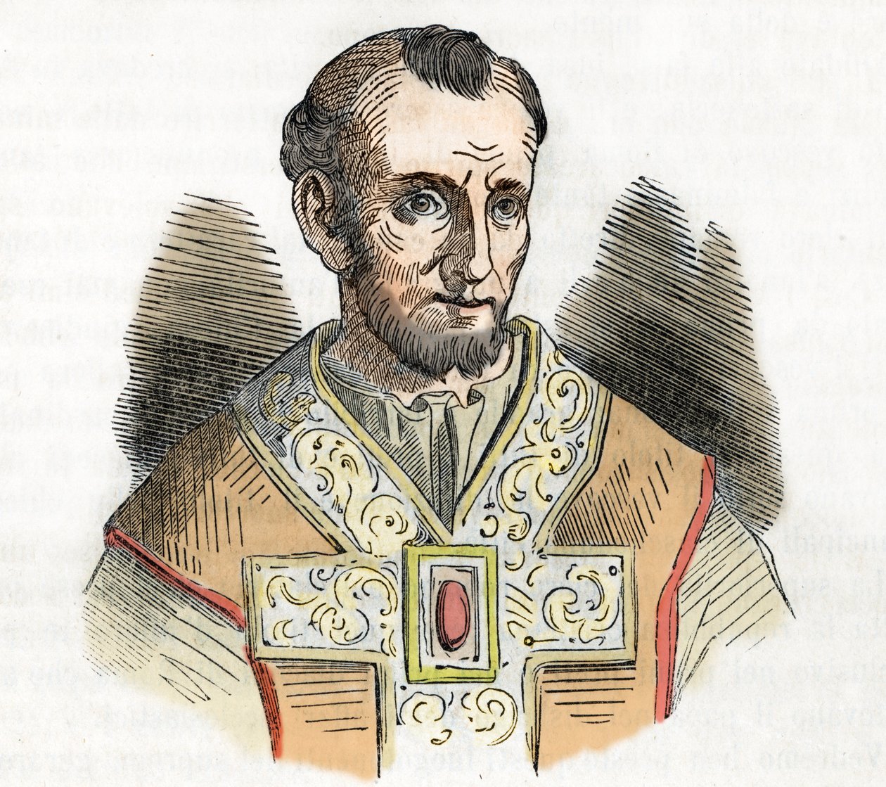 Keskiaika: esitys paavi Nikolai I Suuresta (Nicola I, Nicholas tai Nicolo tai Niccolo tai Nicolaus) (858-867) piirros Franco Mistralin teoksesta "I misteri del vaticano" 1843 tekijältä Franco Mistrali