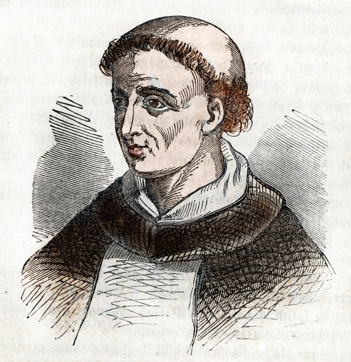 Muotokuva Pyhästä Dominicasta Guzmanista (1170-1221), Dominikaanisen ritarikunnan perustajasta (Saint Dominic) Piirustus Franco Mistralin "Misteri del Vaticanosta" tekijältä Franco Mistrali