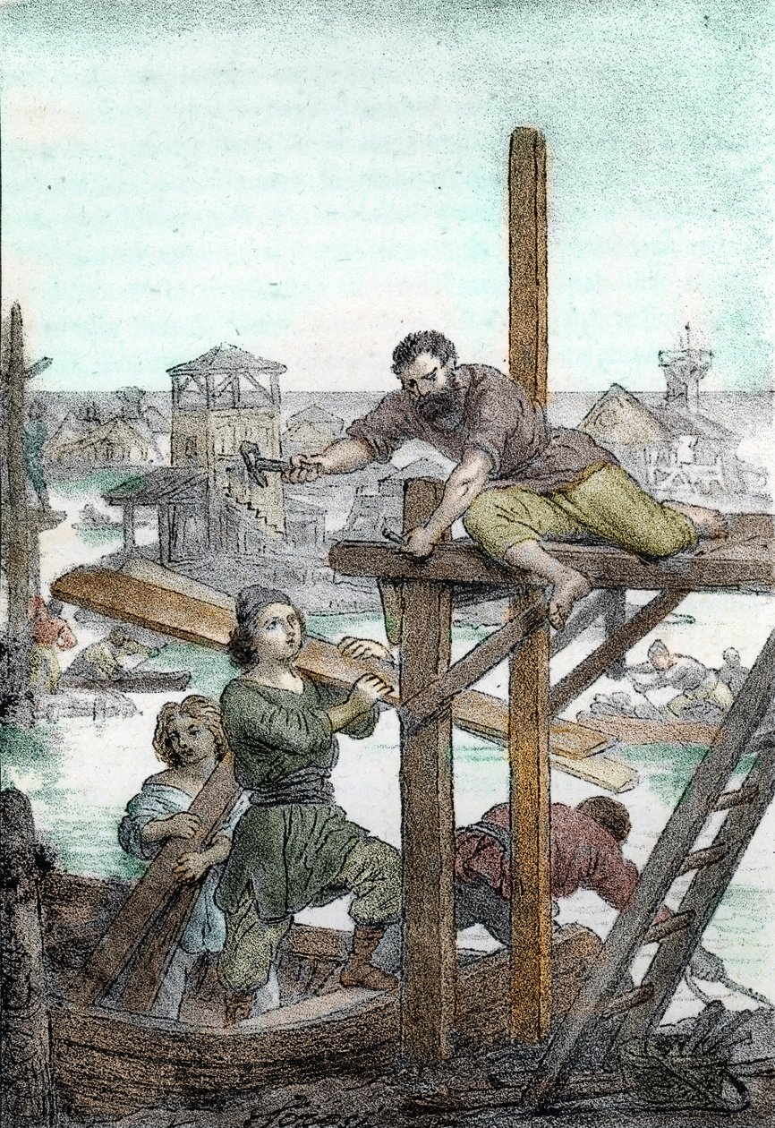Attilan hunien metsästämät pakolaiset asentavat Venetsian kaupungin perustukset 5. vuosisadalle (Attilan barbaarien metsästämien pakolaisten Venetsian perustaminen, 5. vuosisata) Piirros Franco Mistralin "I misteri del vaticanosta" 1846 tekijältä Franco Mistrali