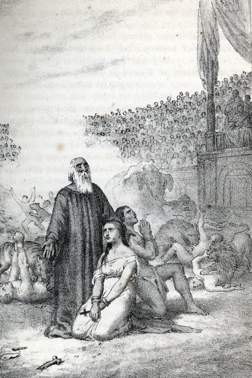 Roomalainen antiikki: Kristityt marttyyrit amfiteatterissa (Rooman kirkon ensimmäiset marttyyrit) Piirros Franco Mistralin "" Misteri del Vaticanosta" tekijältä Franco Mistrali