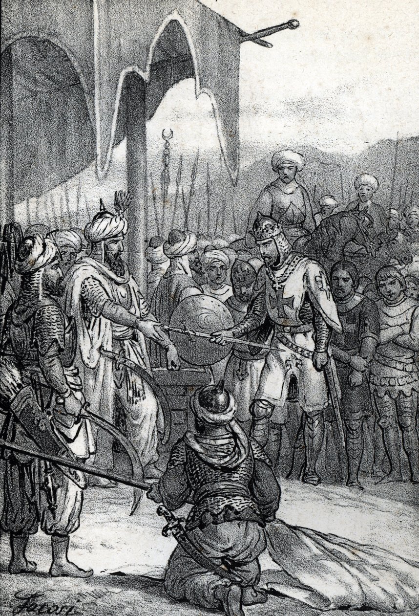 Seitsemäs ristiretki: Kuningas Ludvig IX vangittiin Fariskurin taistelussa 6. huhtikuuta 1250 (Seitsemäs ristiretki: Kuningas Ludvig IX vangittiin Fariskurin taistelussa, 6. huhtikuuta 1250) Piirros Franco Mistralin "Misteri del Vaticanosta" tekijältä Franco Mistrali