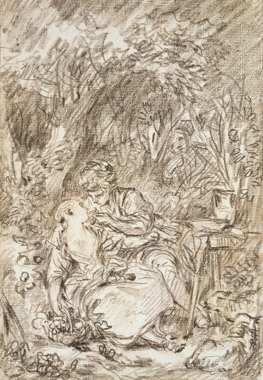 Pari syleilee - Annette ja Lubin (punainen liitu paperille) tekijältä François Boucher