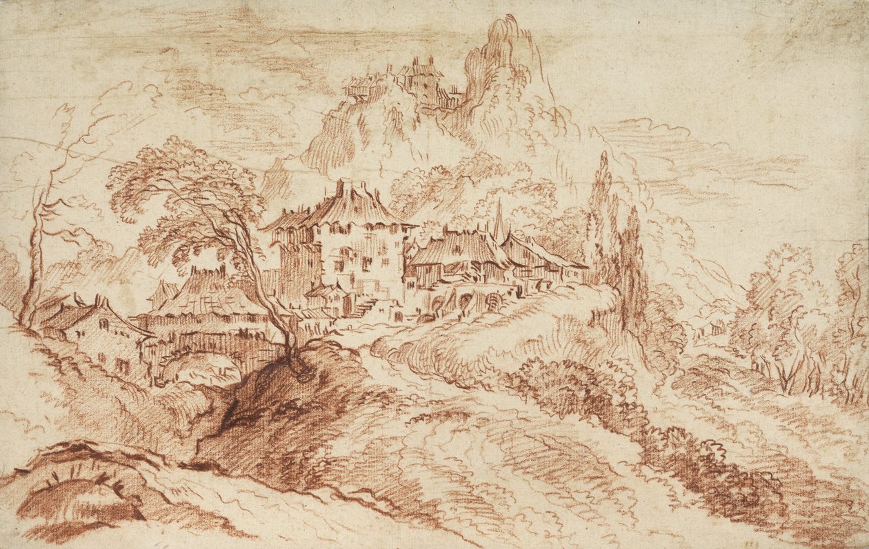 Italialainen kylä vuoristoisessa maisemassa (punainen liitu paperille) tekijältä François Boucher