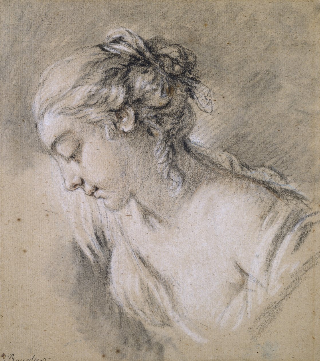 Tytön rintakuva profiilissa vasemmalla (liitu paperille) tekijältä François Boucher