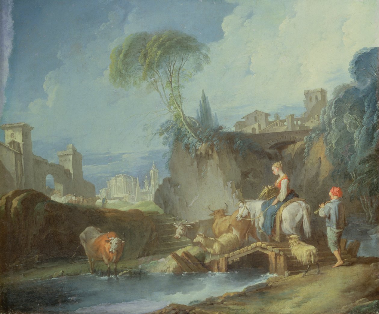 Sillan ylittäminen, 1730-luvun loppu (alkuperäisen maalauksen vasen puolisko 73442) tekijältä François Boucher