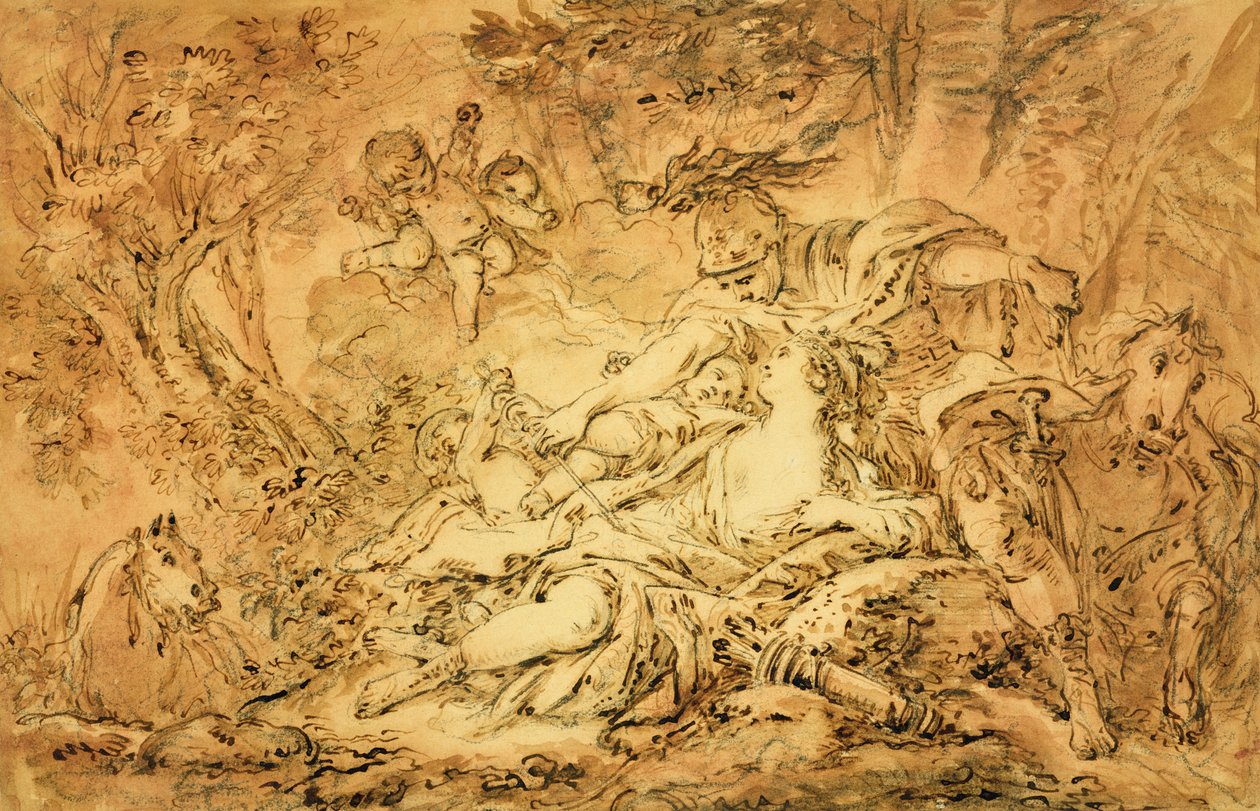 Rinaldo ja Armida (kynä ja ruskea muste, ruskea ja vaaleanpunainen pesu mustalla liidulla paperille) tekijältä François Boucher