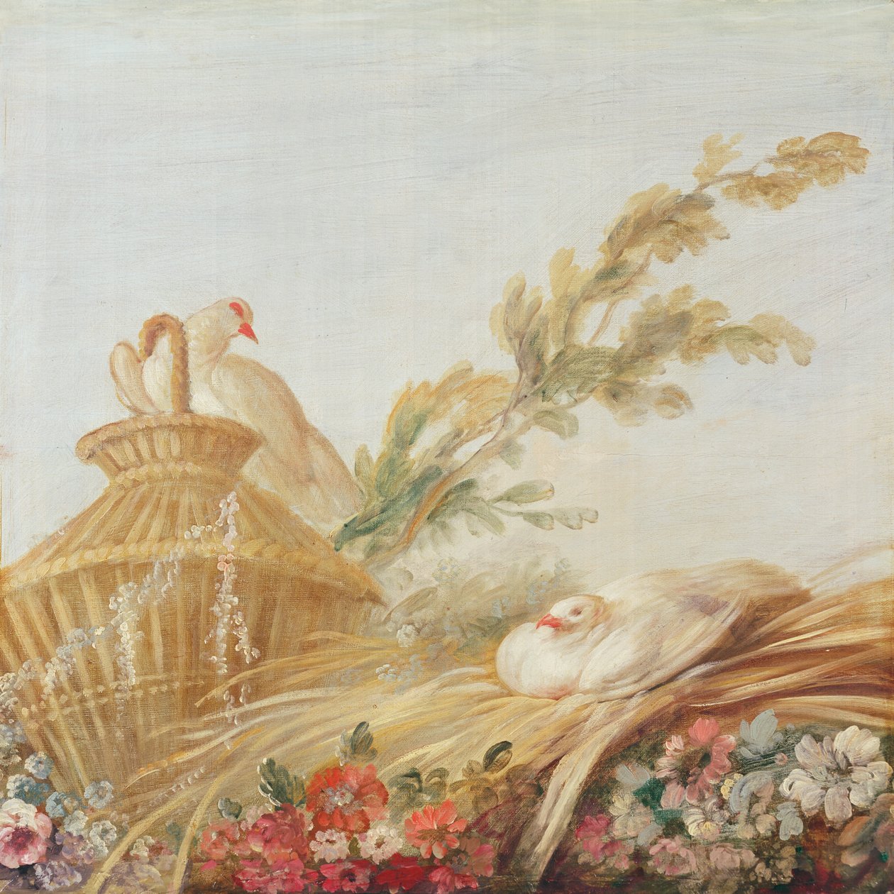 Graafisen Gilles Demarteaun salonki oven yläpuolella; kyyhkyset istuvat heinässä, 1750-65 tekijältä François Boucher