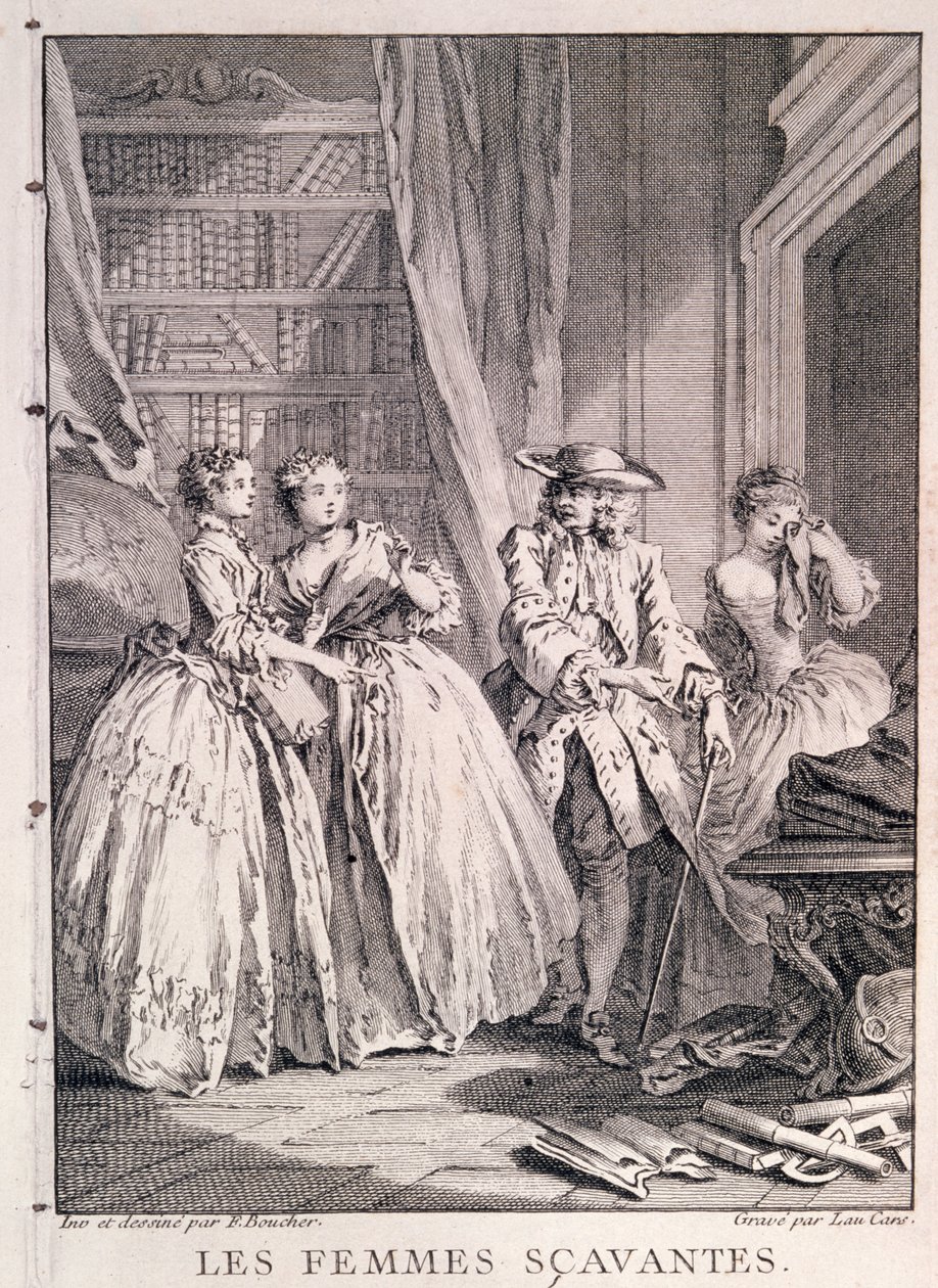 Kohtaus Molieren (1622-73) Les Femmes Savantesista (Sinisukat sukat), kaiverrus Laurent Cars tekijältä François Boucher
