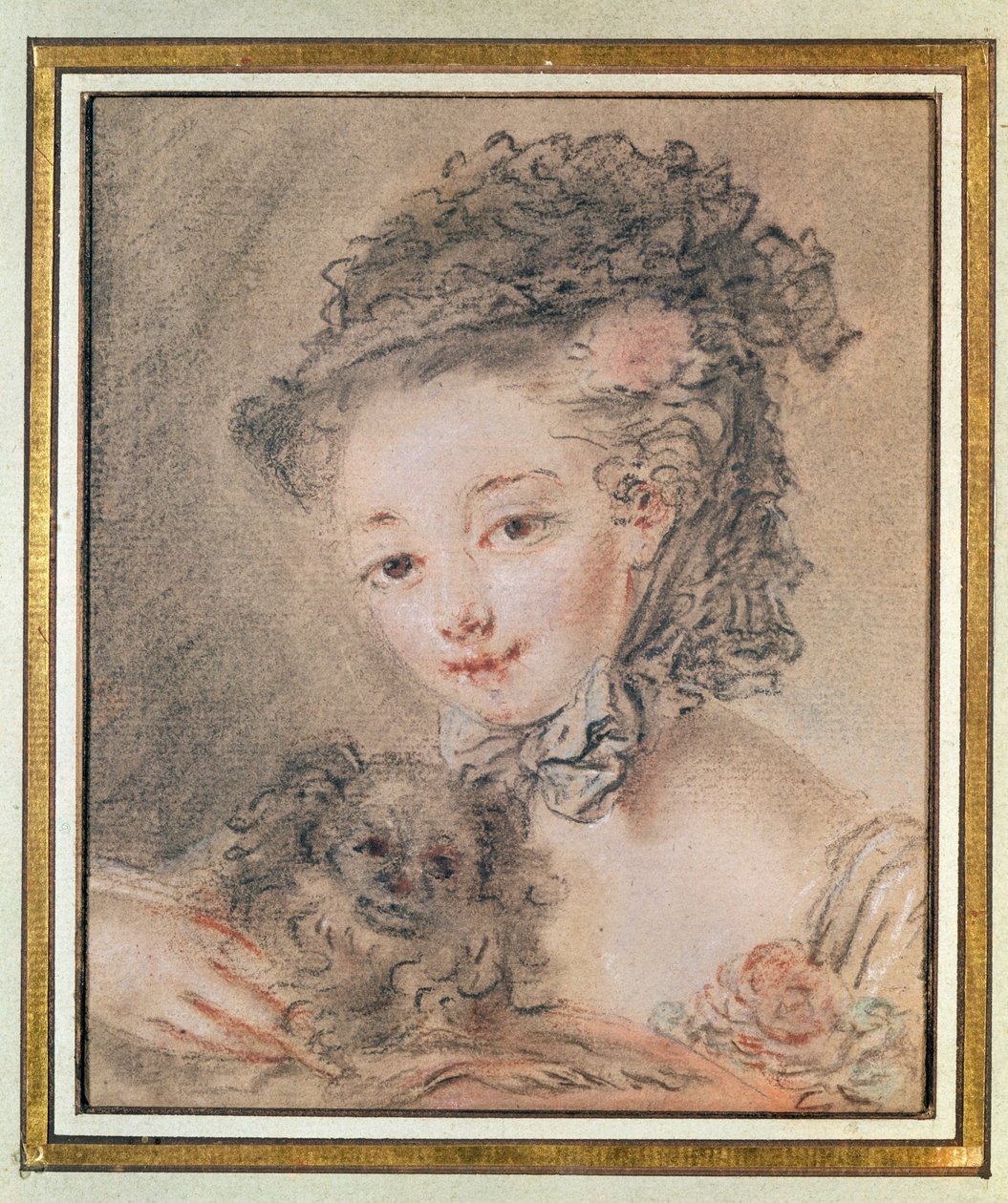 Nuori tyttö pienen koiran kanssa (hiili ja punainen liitu paperille) tekijältä François Boucher