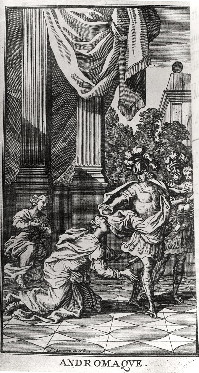 Andromache Pyrrhusin jaloissa Jean Racinen (1639-1699) Andromachesta, joka julkaistiin vuonna 1676 tekijältä Francois Chauveau
