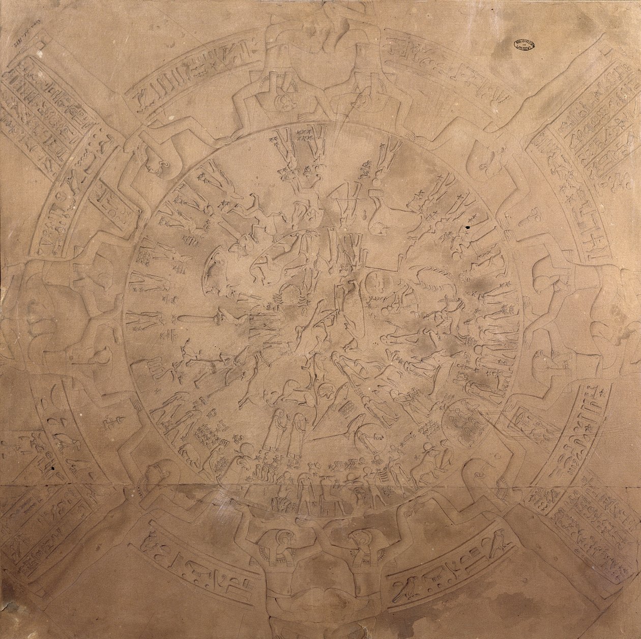 Denderan horoskoopin astrologinen planisfääri, Hathorin temppelin kappelin katosta, Denderassa, Egyptissä, 1822 (kynä, lyijykynä ja wc paperilla) tekijältä Francois Chretien Gau