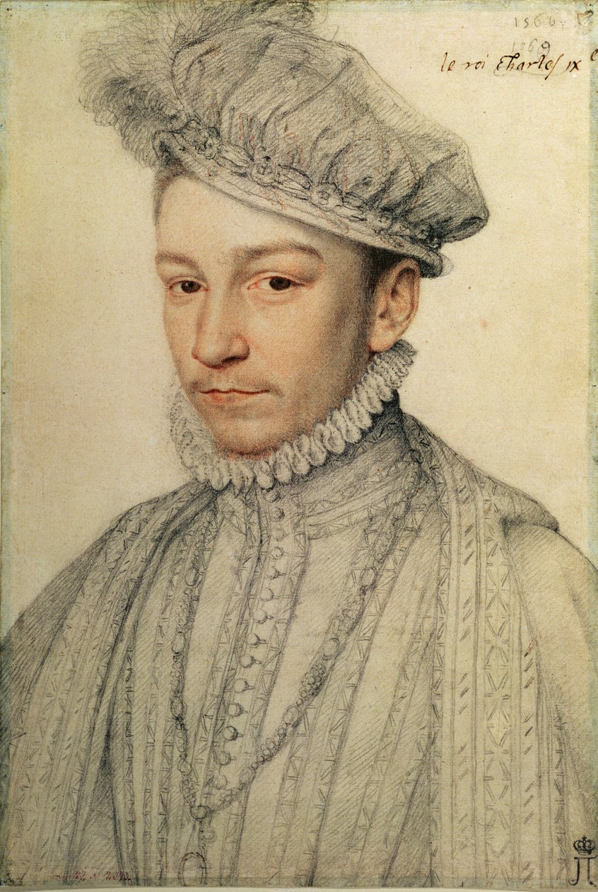 Ranskan kuninkaan Kaarle IX:n muotokuva, 1566 (musta liitu ja sangviini) tekijältä François Clouet