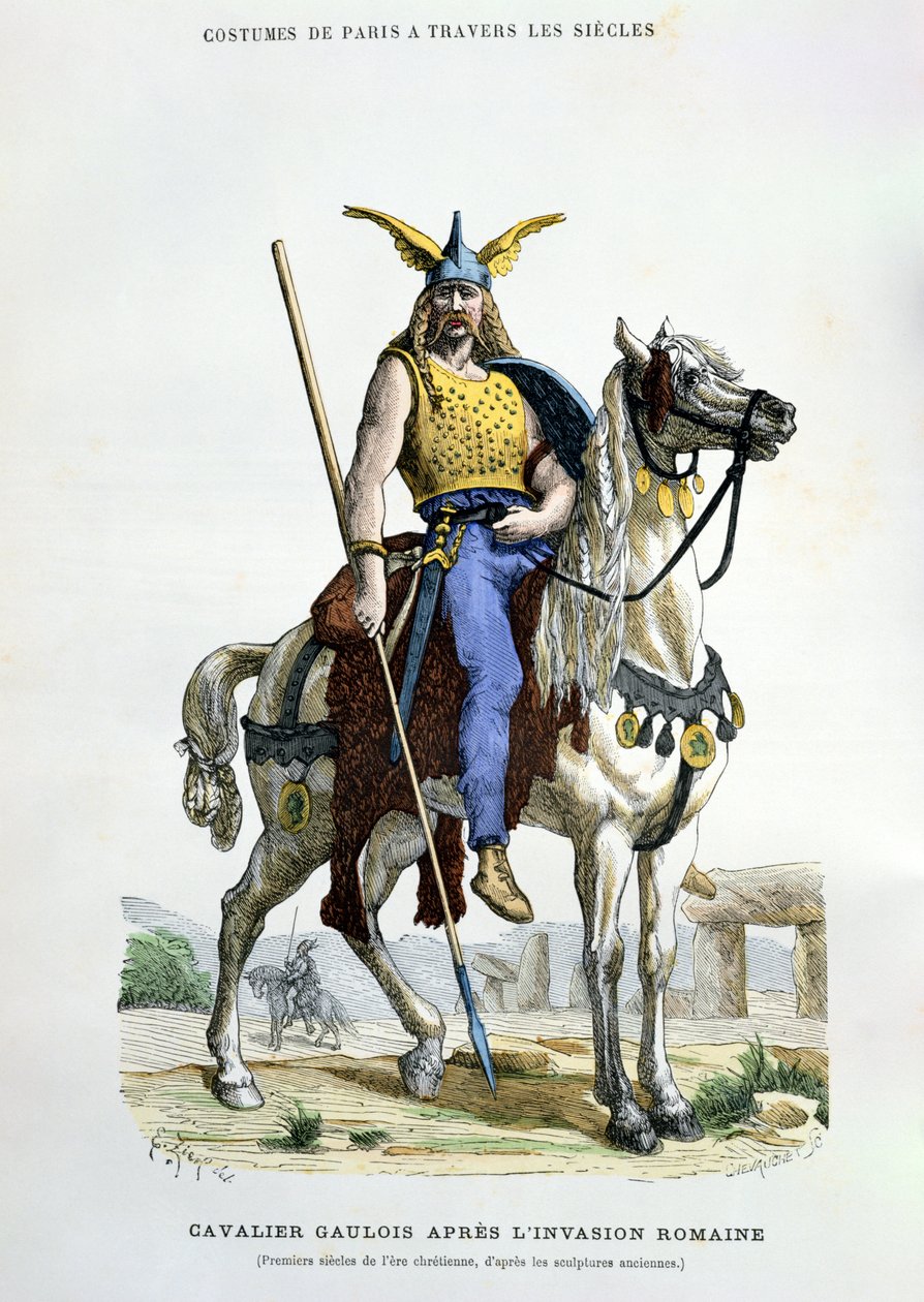 Gallialainen soturi Rooman hyökkäyksen jälkeen, kuvitus H. Gourdon de Genouillacin teoksesta Costumes de Paris a Travers les Siecles, kaiverrus Chevauche, 1879 tekijältä Francois Edouard Zier