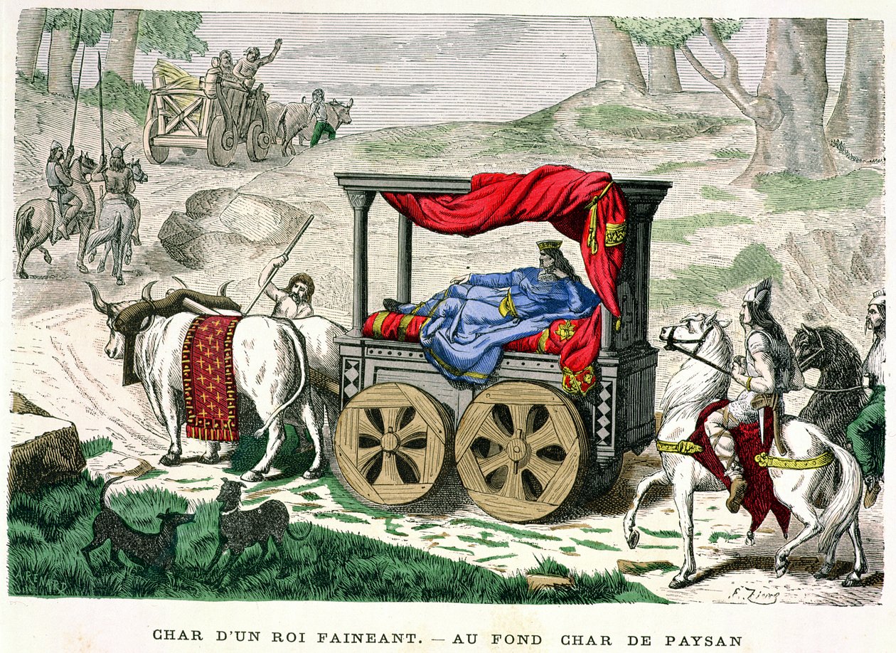 Rois Faineantsin tai myöhemmän Merovingian kuninkaan vaunut, kuvitus H. Gourdon de Genouillacin teoksesta Costumes de Paris a Travers les Siecles, kaiverrus A. Renard, 1879 (värillinen fi tekijältä Francois Edouard Zier