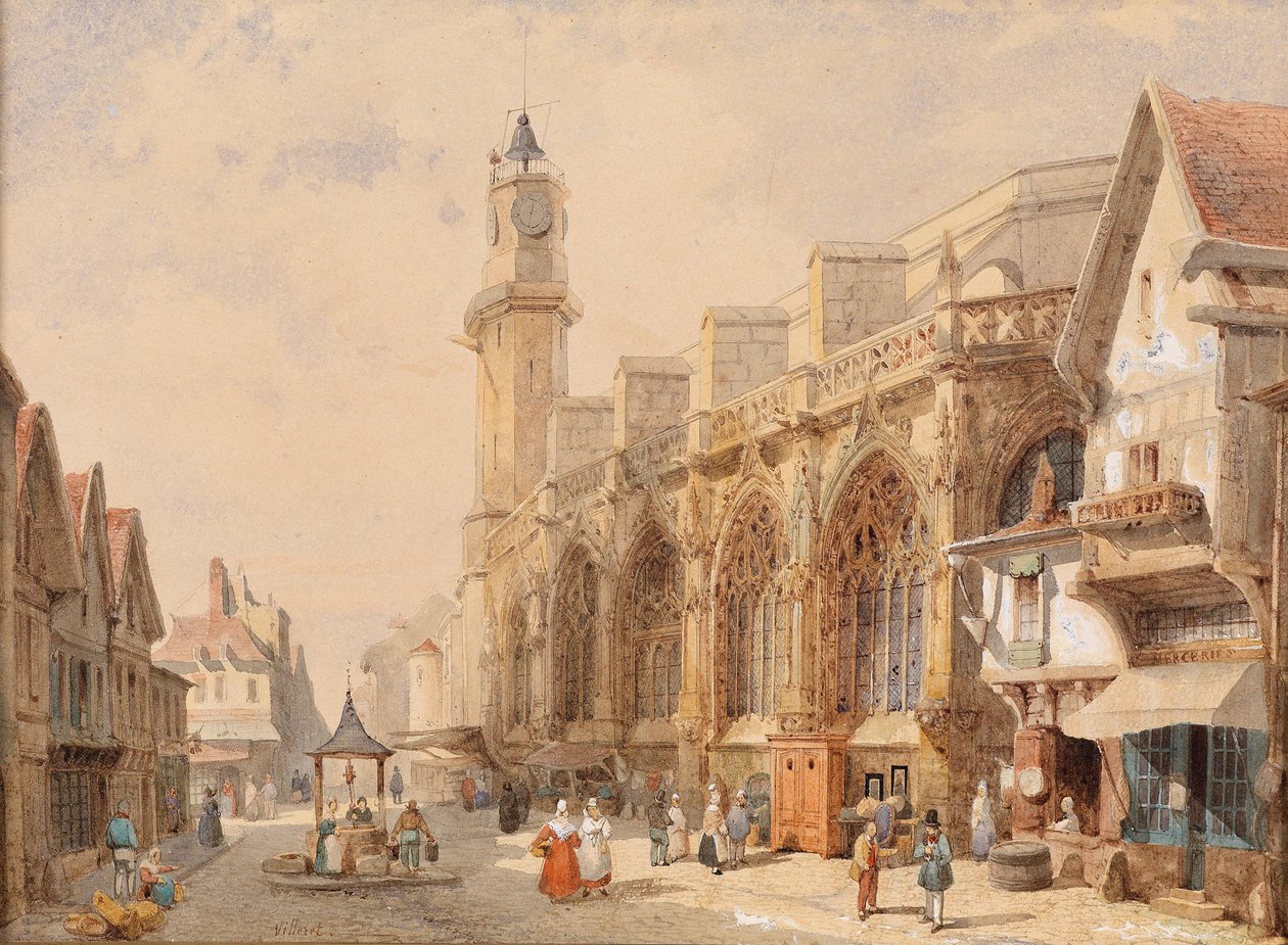 Französische Dorfstraße mit einer Kathedrale tekijältä Francois Etienne Villeret