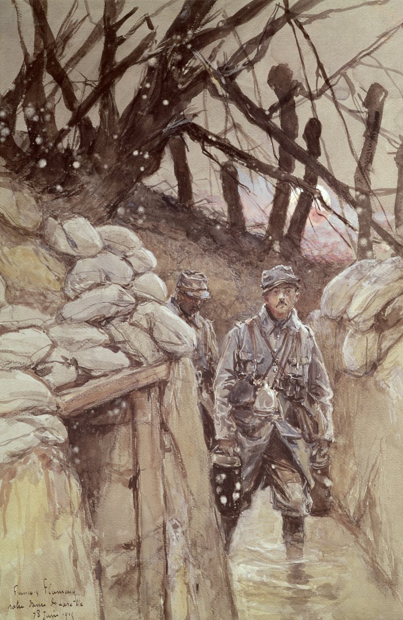 Jalkaväki haudassa, Notre-Dame de Lorette, 1915 tekijältä Francois Flameng