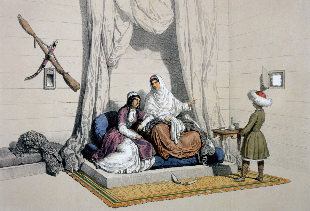 Tšerkessianprinsessat, Koubanin oikealla rannalla, Xavier Hommaire de Hellin teoksesta "Kaspianmeren, Kaukasuksen, Krimin ja Etelä-Venäjän arot", n. 1838-42 tekijältä Francois Fortune Antoine Ferogio