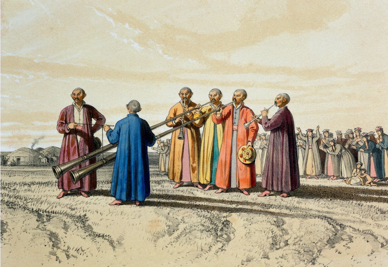 Iltarukous kalmukien keskuudessa erikoispitkillä trumpetteilla, kuvitus "Kaspianmeren, Kaukasuksen, Krimin ja Etelä-Venäjän aroista" Xavier Hommaire de Hell, n. 1838-42 ( tekijältä Francois Fortune Antoine Ferogio