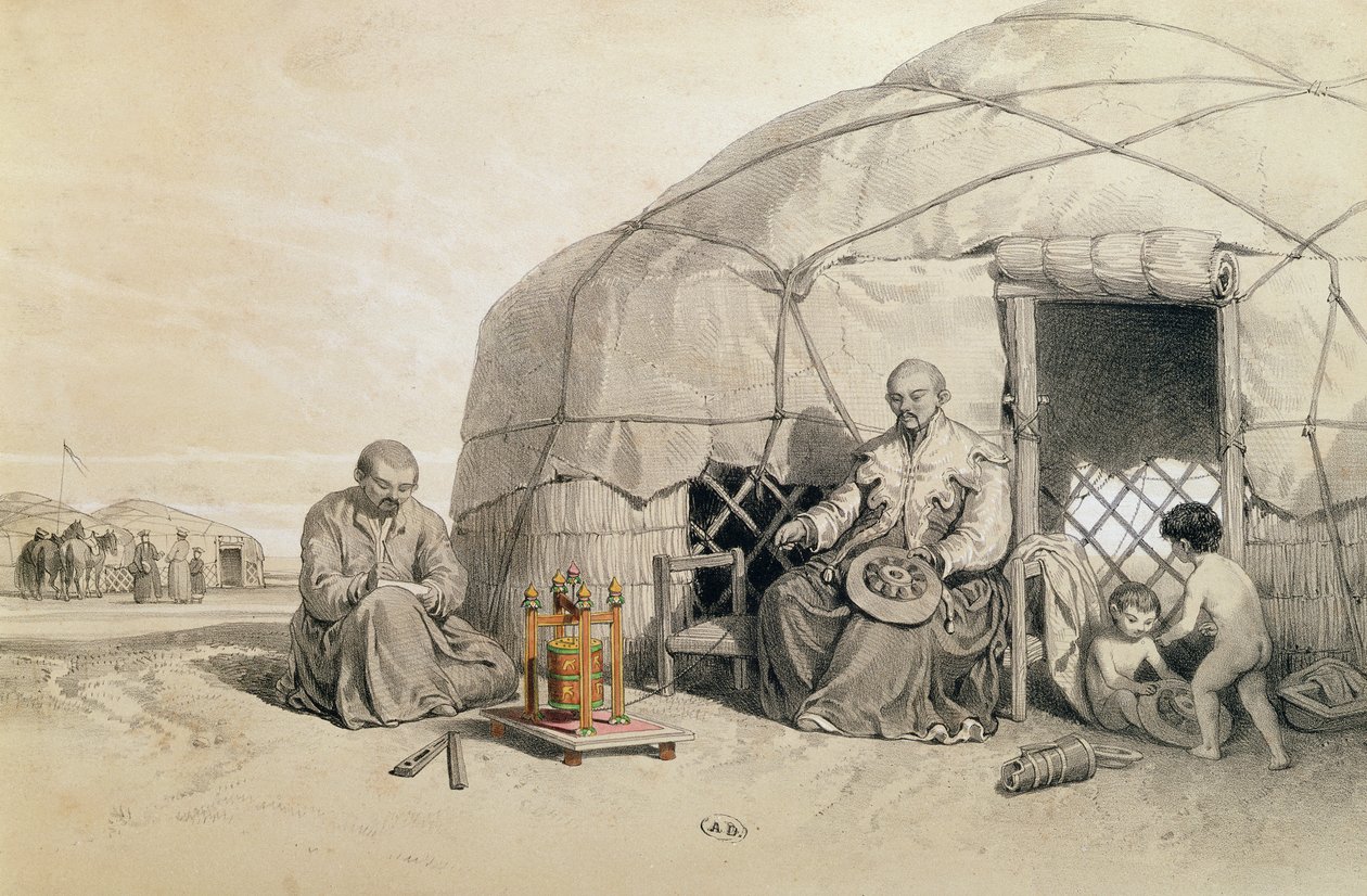 Kalmuks rukouspyörän kanssa, Siperia, kuvitus Xavier Hommaire de Hellin (1812-48) teoksesta Voyage a la mer Caspienne n. 1850 tekijältä Francois Fortune Antoine Ferogio