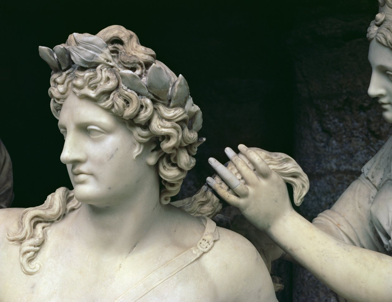 Apollo Nymfien hoitama, yksityiskohta Apollon päästä, tarkoitettu Thetisin luolaan, teloitettu Thomas Regnaudinin avustuksella 1622-1706 1666-75 marmoriyksityiskohta numerosta 89799 tekijältä Francois Girardon
