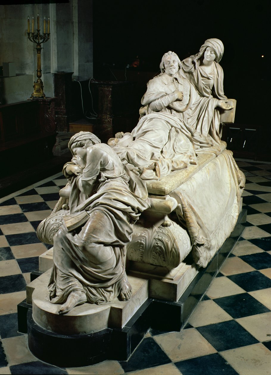 Kardinaali Richelieun (1585-1642) Armand-Jean du Plessisin hautausmuistomerkki, joka kuvaa kardinaalia hurskaan sylissä, itkevä kristillisen opin patsas hänen jaloissaan, 1675-94 (marmori) tekijältä Francois Girardon