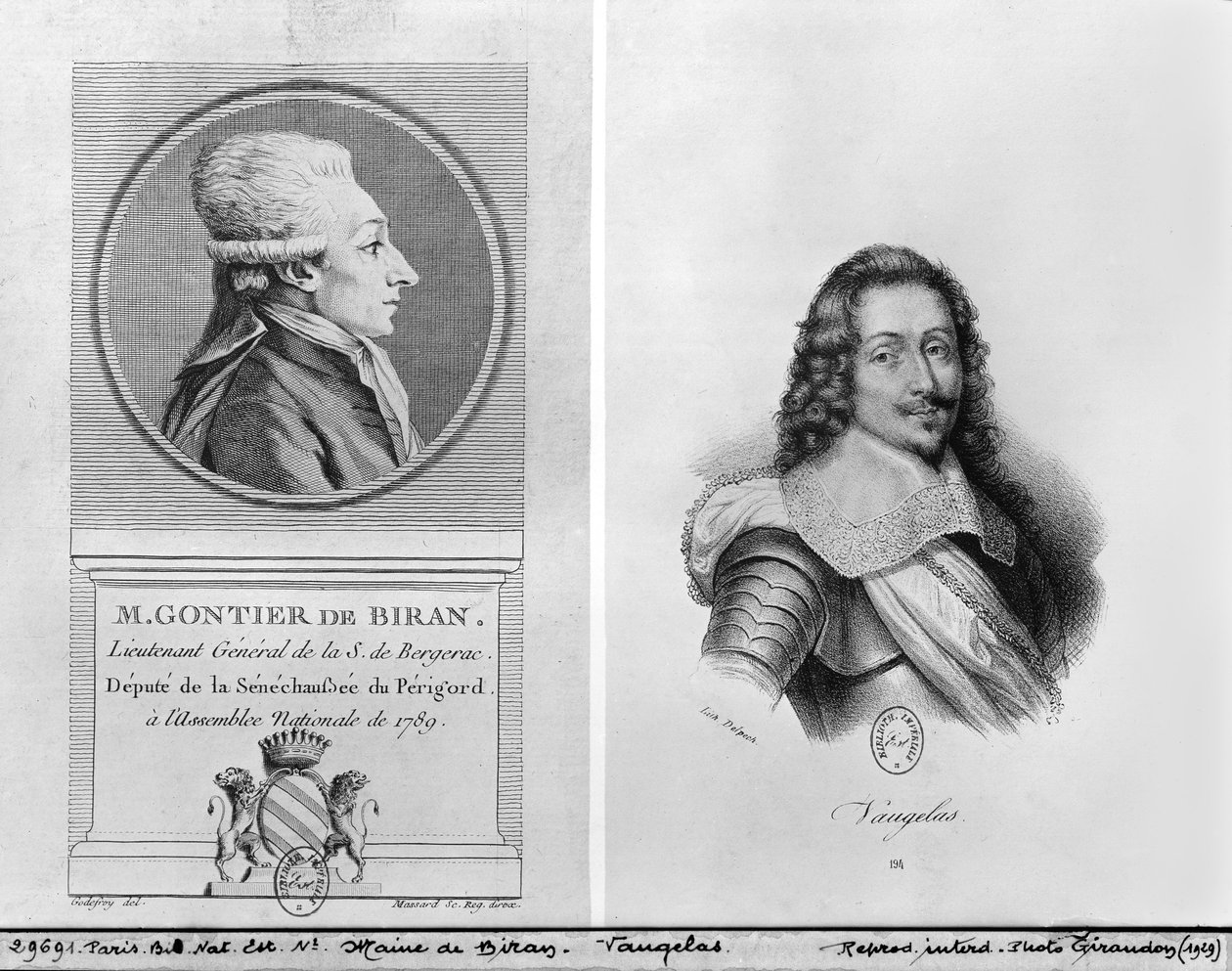 Marie Francois Gontier de Biranin muotokuva, joka tunnetaan nimellä Maine de Biran (1766-1824), Claude Favre de Vaugelasin (1585-1650) muotokuva Francois Seraphin Delpechin (1778-1825) ja Massardin (19.) tekijältä Adrien Pierre Francois Godefroy