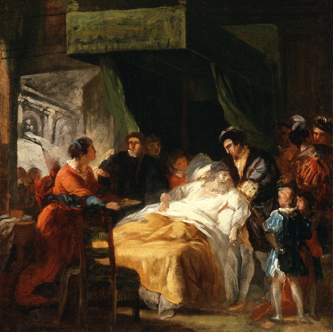 Leonardo da Vincin kuolema François I:n käsivarsissa, noin 1781 tekijältä Francois Guillaume Menageot