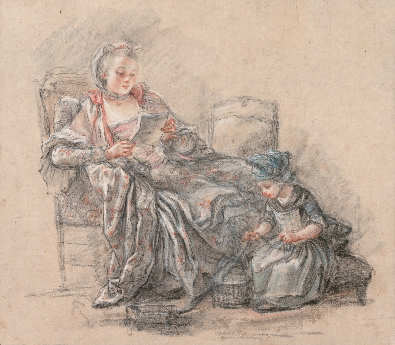Nainen lukee ja tyttö leikkii (oletettavasti Marquise de Pompadour tyttärensä Alexandrinen kanssa), 1748 tekijältä Francois Guérin